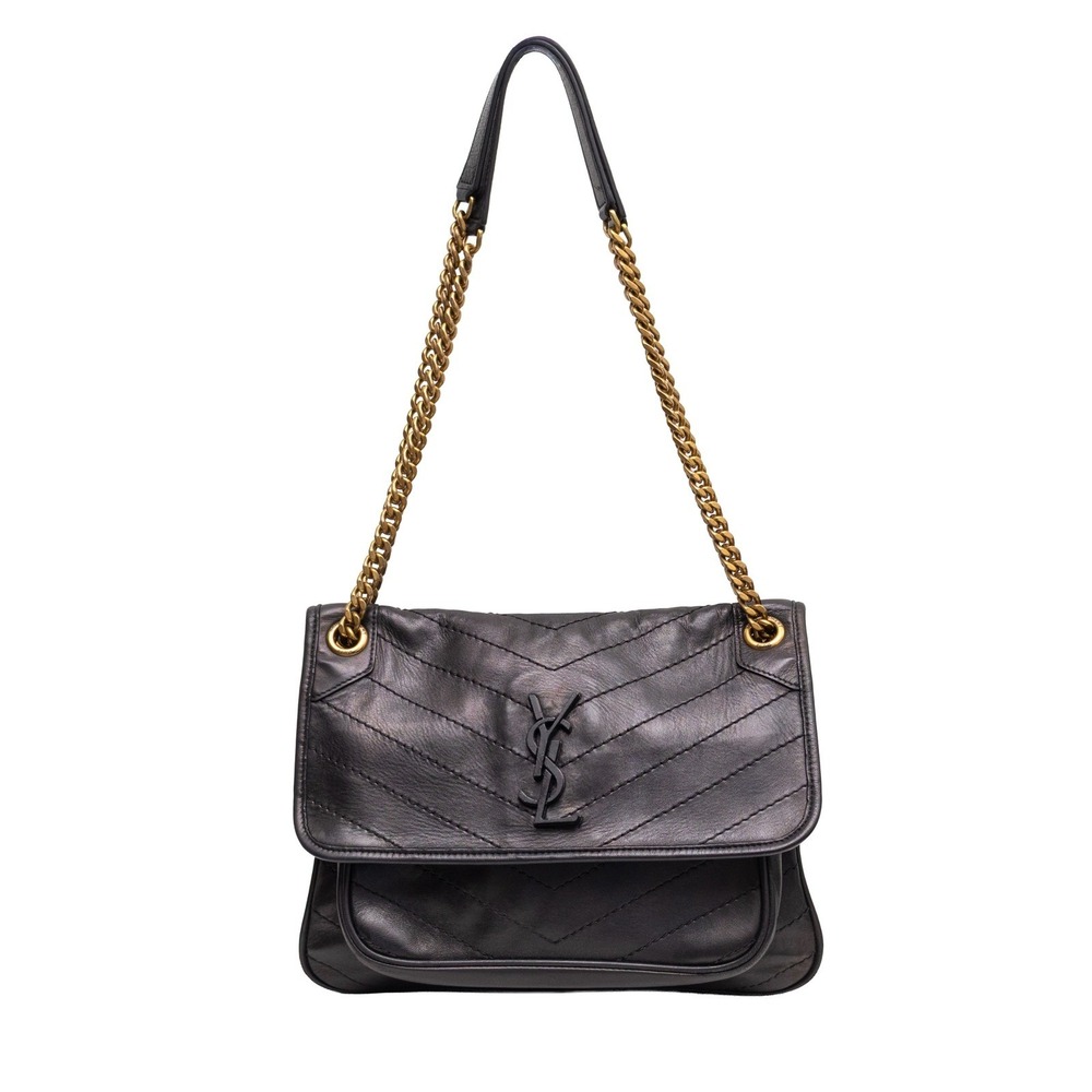 Saint Laurent Niki Medium Black Leather Shoulder Bag Black YSL Logo Italy 498894